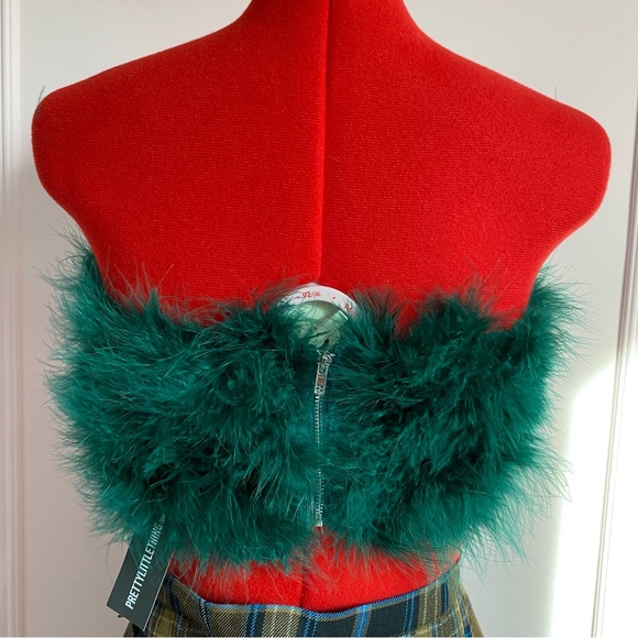 PrettyLittleThing Green Feather Bandeau Top, Zipper Closure, Cropped (US 6) - Picture 3 of 11